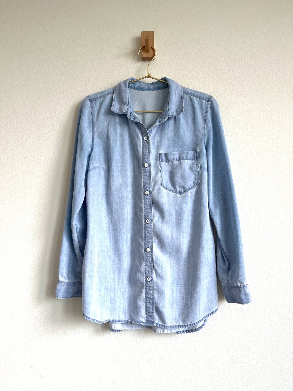 Soft Faded Blue Tencel Button Down Shirt - Fluid Denim-Look Blouse - Size S
